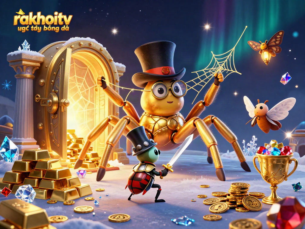 Engage in rakhoitv trực tiếp bóng đá with a vibrant illustration of a golden tarantula, beetle knight, and treasures.