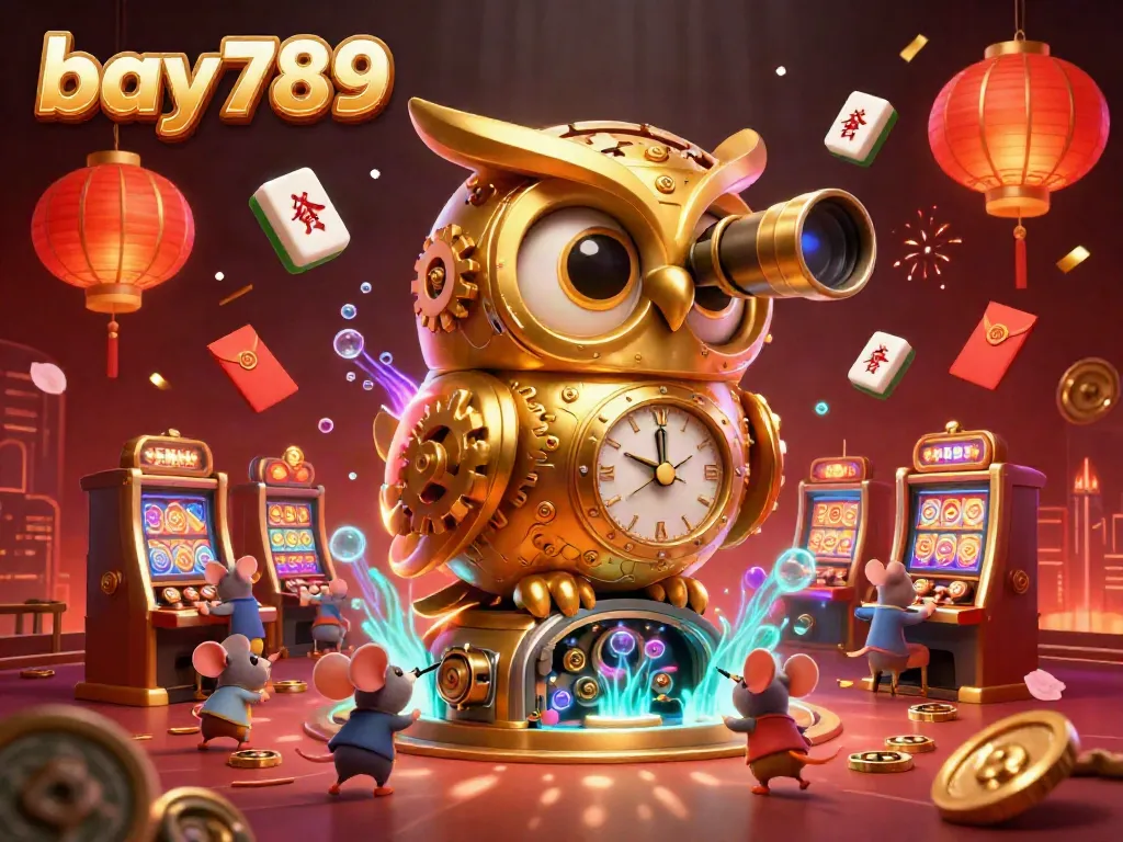 A dynamic casino scene showcasing bay789, featuring a clockwork golden owl, brass slot machines, and festive elements.
