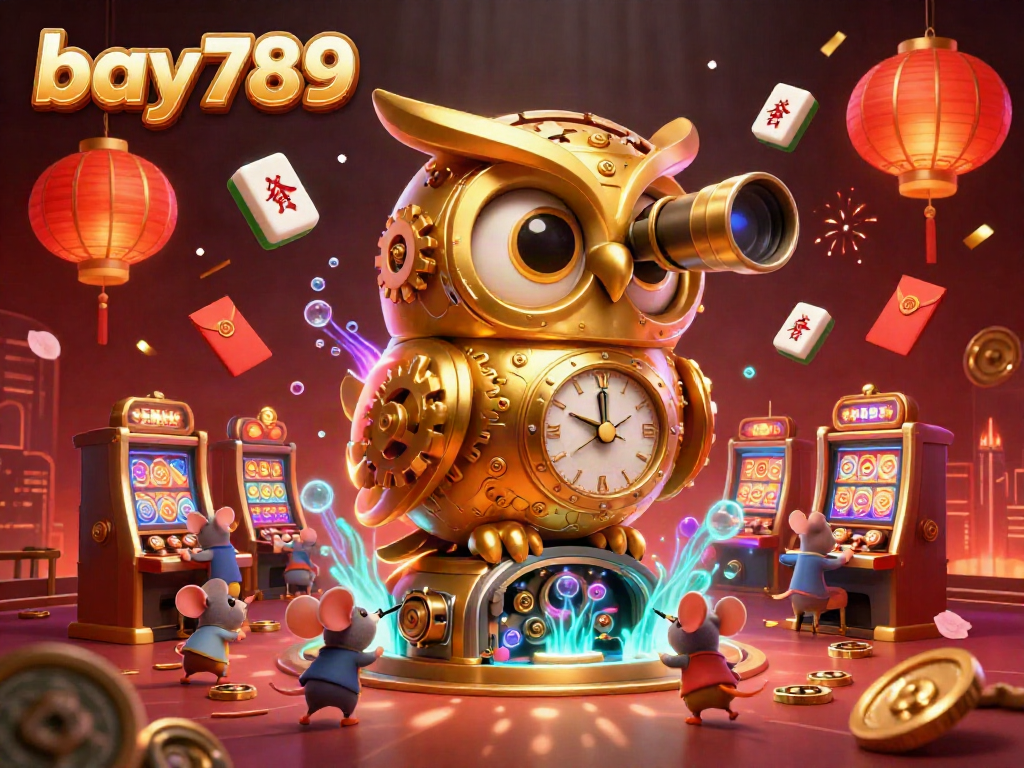 A dynamic casino scene showcasing bay789, featuring a clockwork golden owl, brass slot machines, and festive elements.