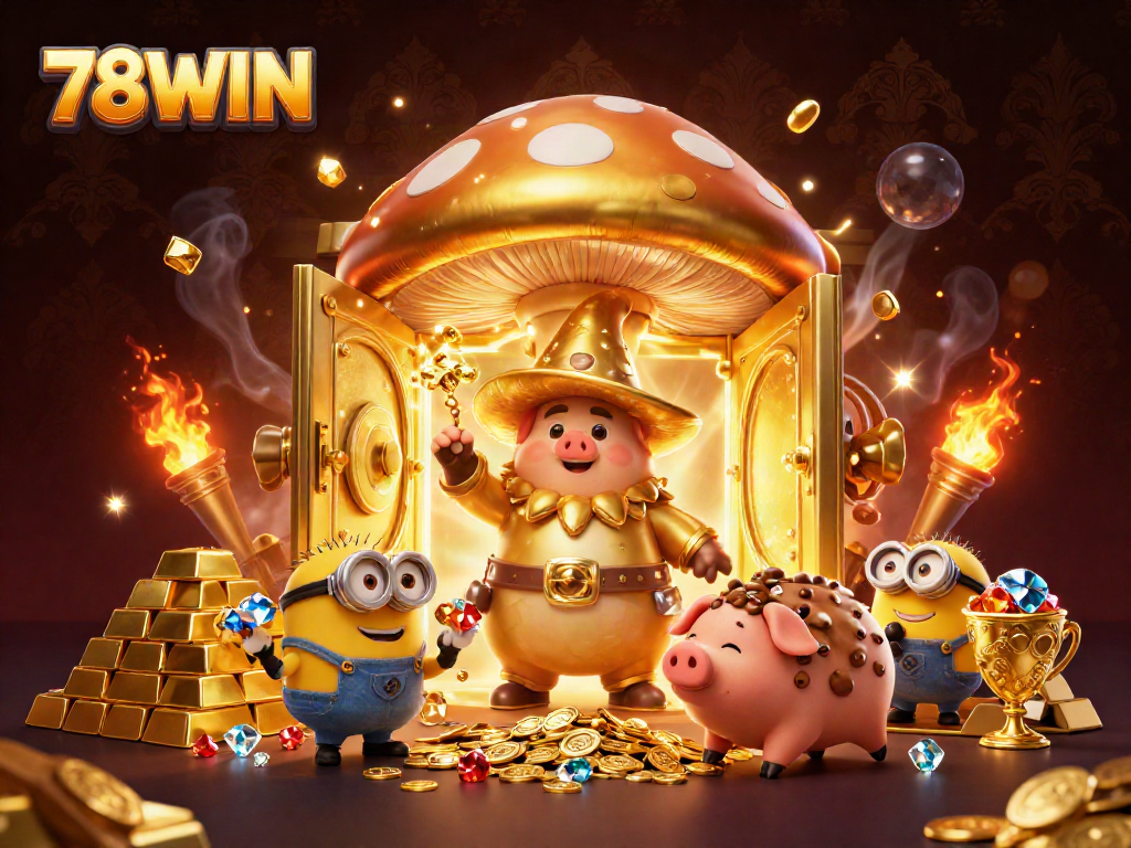 Experience the excitement of 78WIN with a golden mushroom wizard and treasures in a dynamic casino scene.