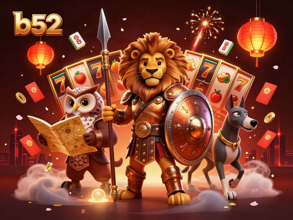 Experience thrilling games at b52 with a vibrant scene of luck and strategy surrounding unique characters.