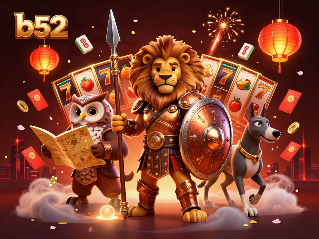 Experience thrilling games at b52 with a vibrant scene of luck and strategy surrounding unique characters.