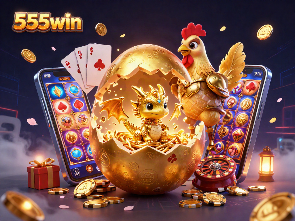 Engage with 555win's vibrant environment featuring a golden dragon, captivating casino elements, and dynamic gameplay excitement.