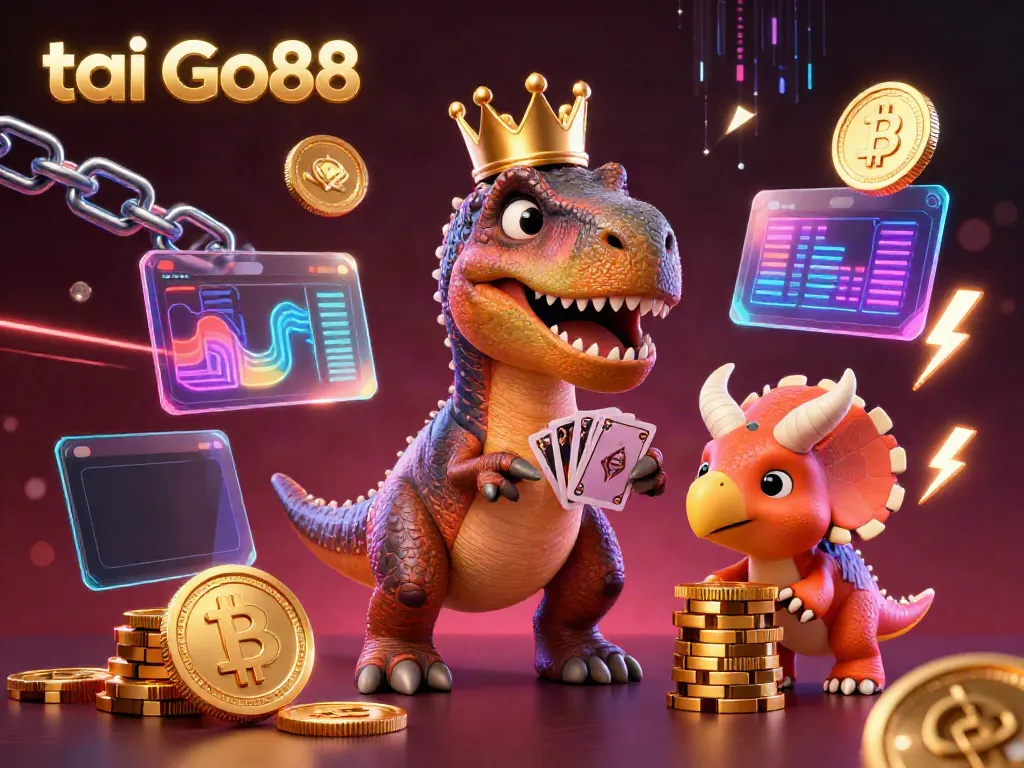 Experience tai Go88 with this vibrant 3D illustration featuring fun cartoon dinosaurs shuffling cards and stacking chips.
