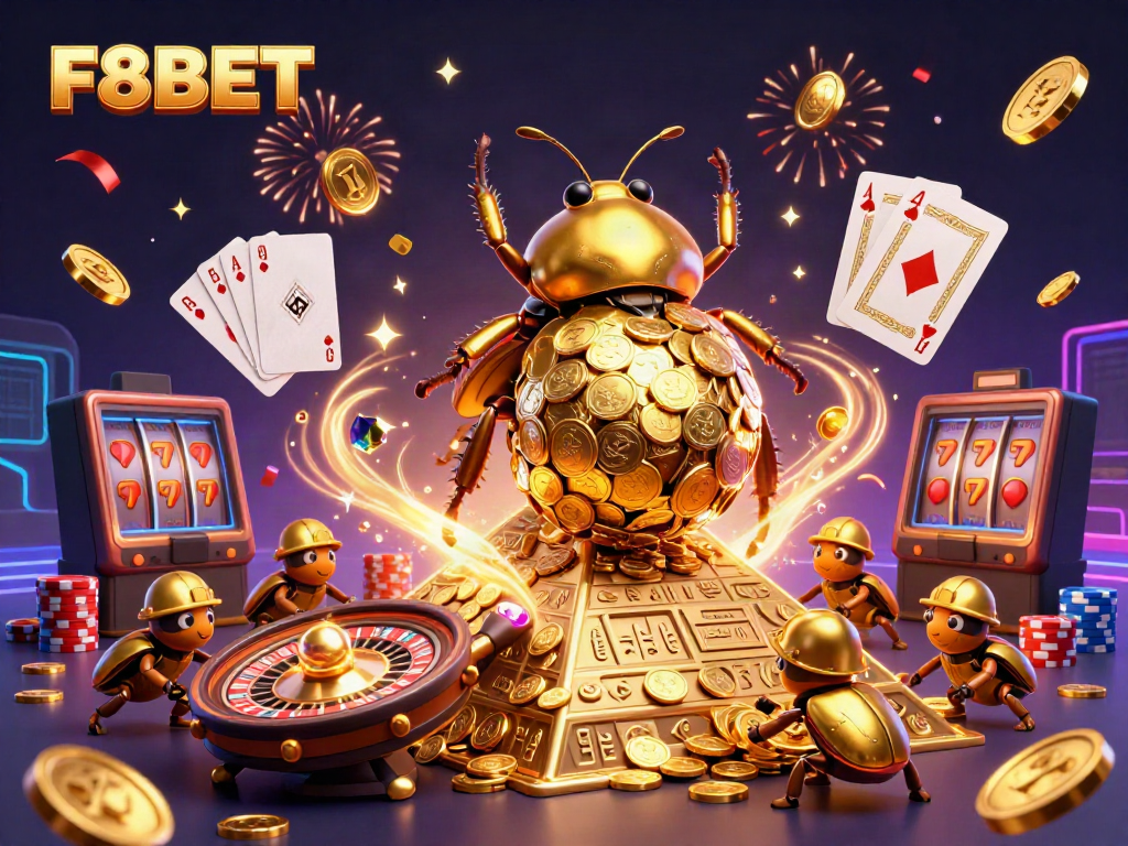 Experience the thrill of F8BET with gold coins and casino excitement in a vibrant 3D scene.