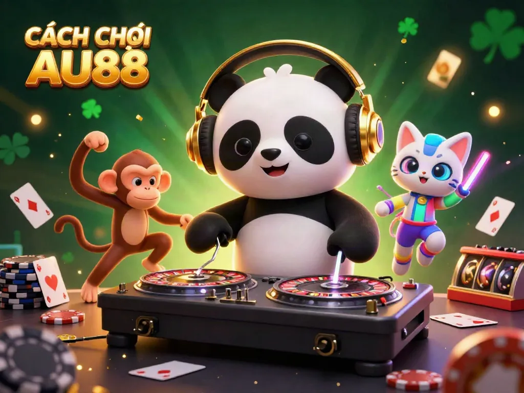Join the gaming excitement with CÁCH CHƠI TIẾN LÊN AU88 in an ultra-detailed 3D scene featuring a DJ panda and characters in a dynamic casino atmosphere.