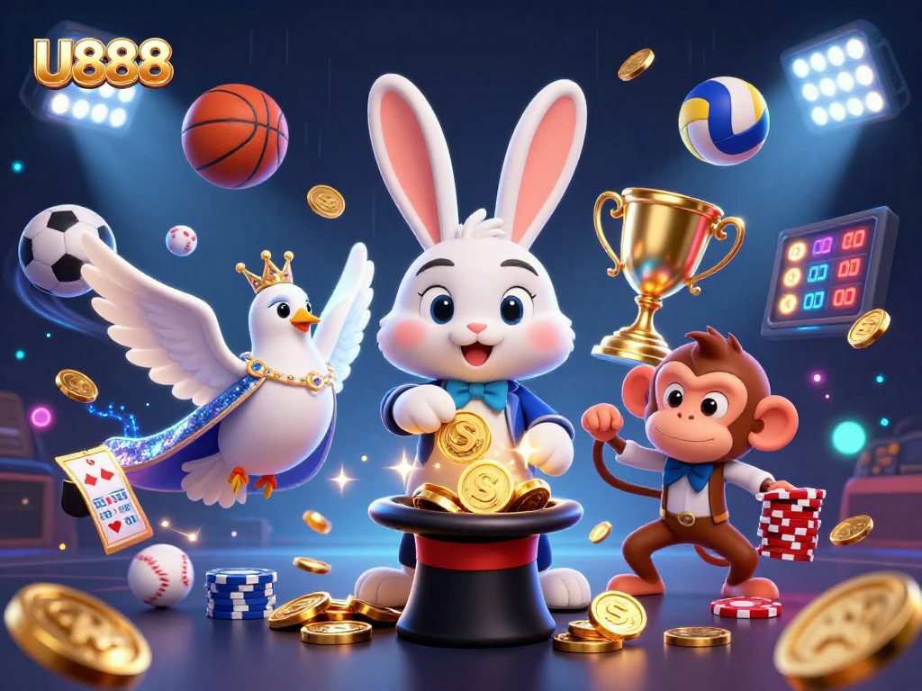 U888 magician rabbit pulls golden coins amid sports balls, dazzling casino scene rich in action.