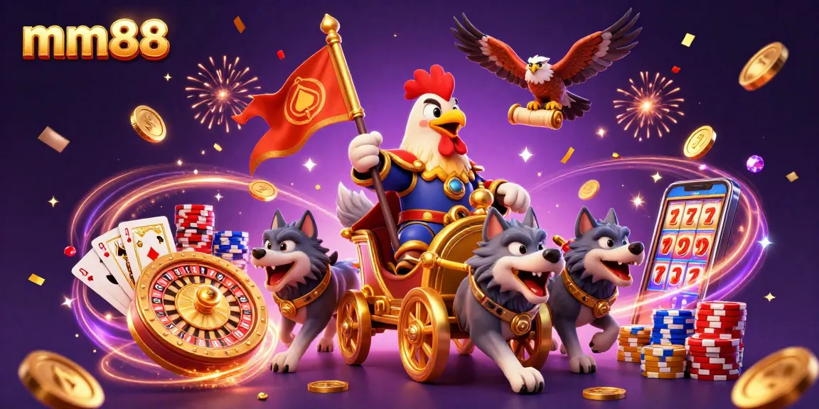 Experience exciting gameplay with mm88 as the rooster warlord and fierce wolves lead the casino adventure.