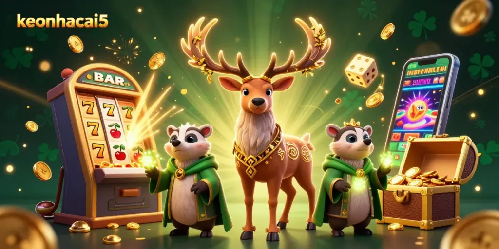 Experience the thrill with keonhacai5 as wild druid characters celebrate with slot symbols and golden treasures.