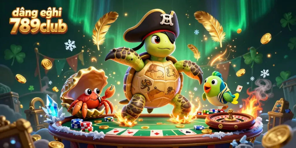 Engage in fun games and register for 789club with a lively scene featuring a playful pirate turtle