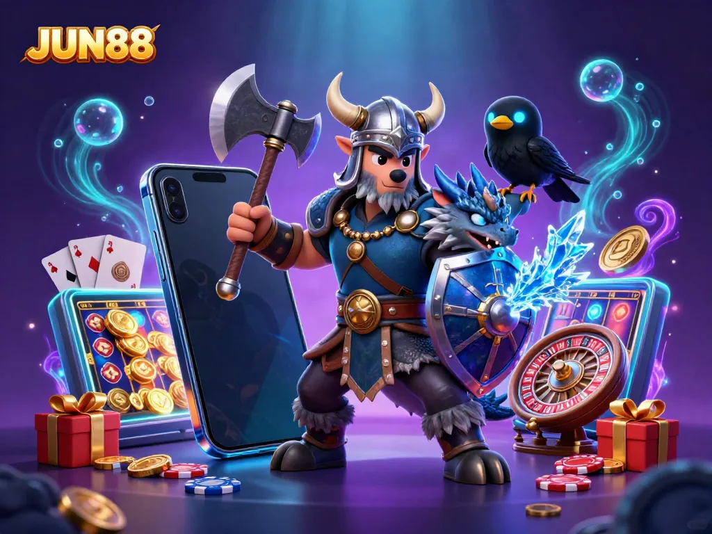 Experience thrilling gameplay with JUN88's Viking warrior and stunning casino elements.