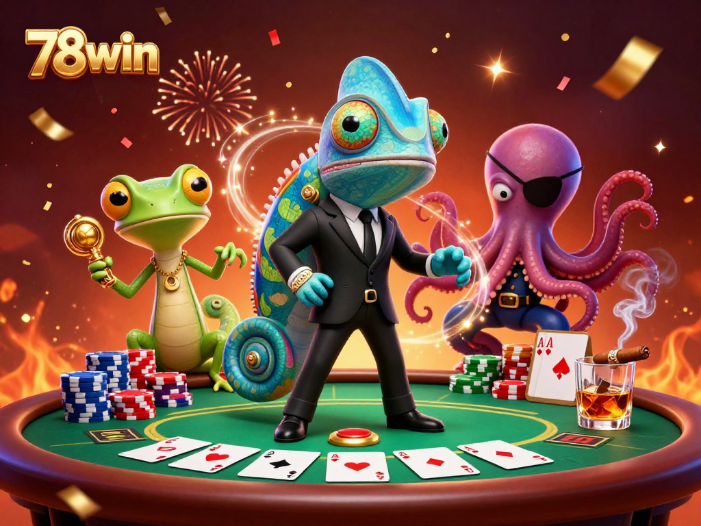 Experience thrilling moments with 78win in this vibrant 3D casino scene featuring a dynamic card game.