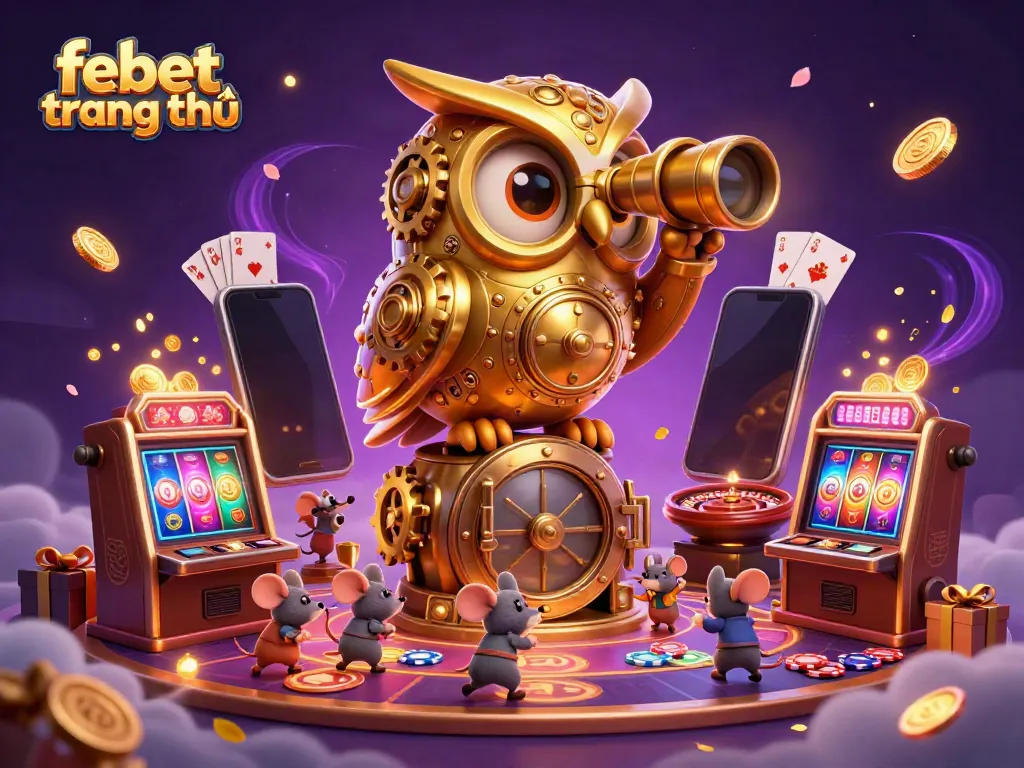Experience the thrill of febet trang chủ with a cartoon clockwork owl overseeing a vibrant casino scene filled with games and excitement.