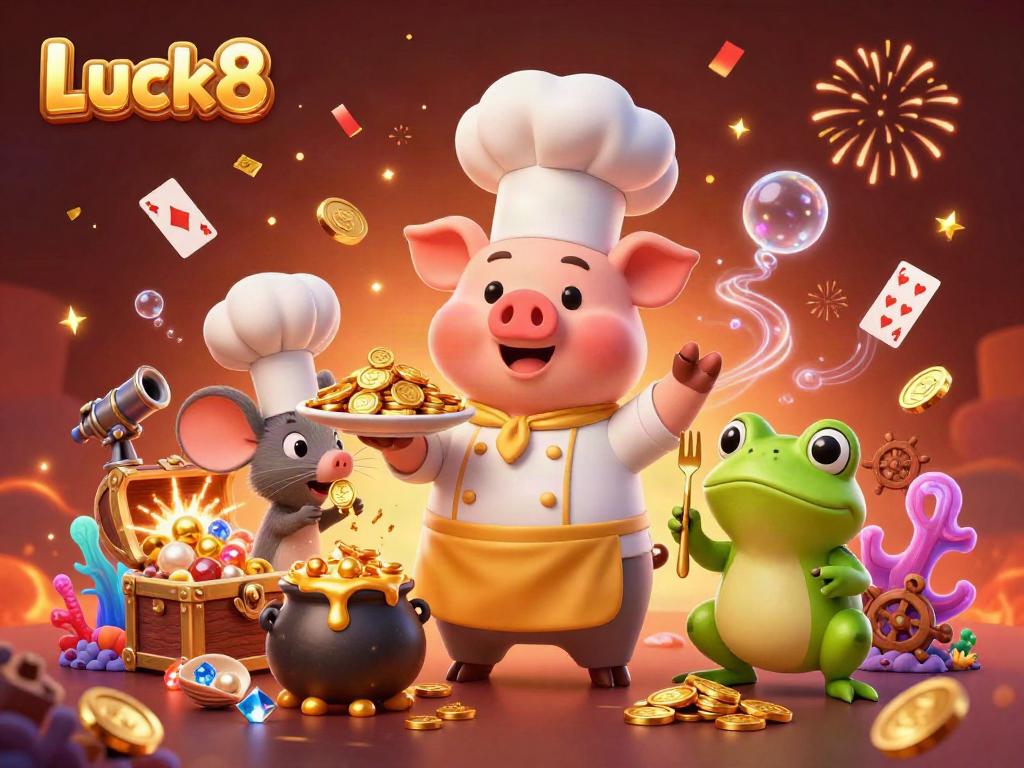 Luck8 offers vibrant casino atmosphere with chef pig, sous-chef mouse, and critic frog surrounded by gold coins.
