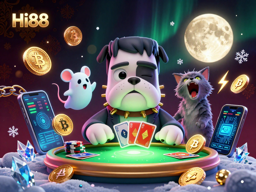 Hi88 casino scene with a Frankenstein bulldog dealer, crypto coins, and playful elements.