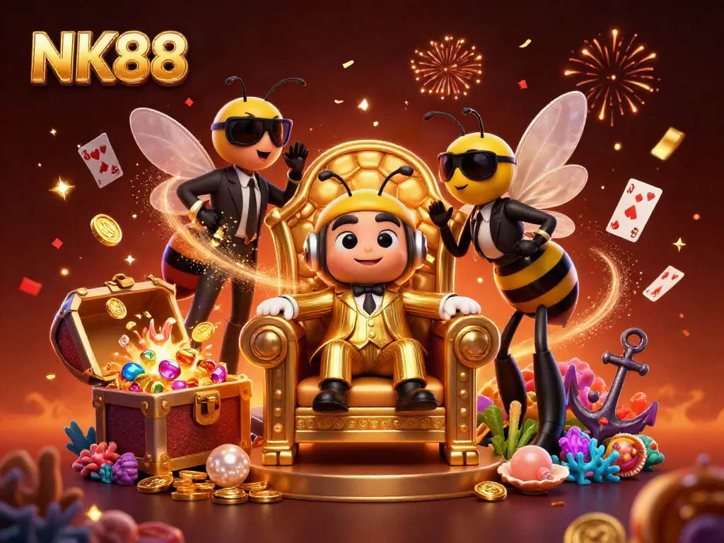 Engage with stunning NK88 casino visuals featuring a bumblebee mob boss and slot games.