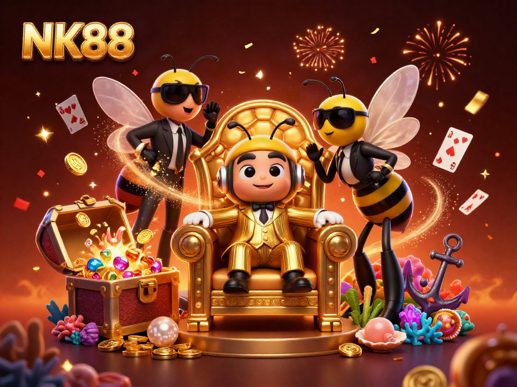 Engage with stunning NK88 casino visuals featuring a bumblebee mob boss and slot games.