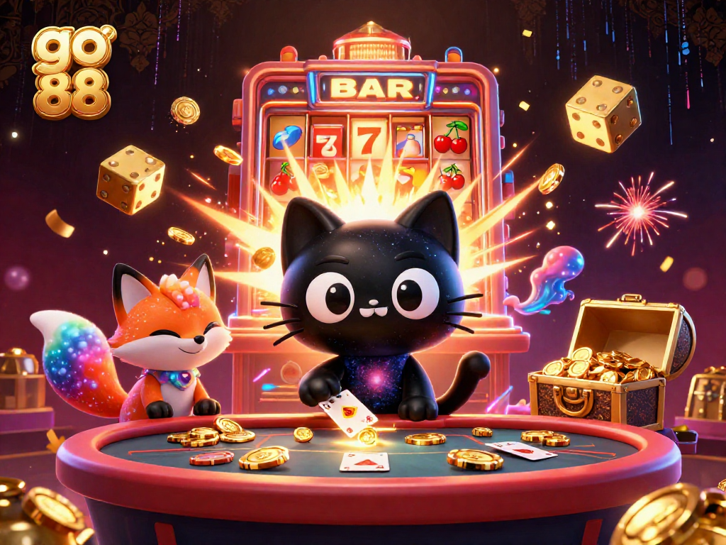 Witness the cosmic charm of go 88 as a black hole cat pulls in chips at a dynamic casino scene.