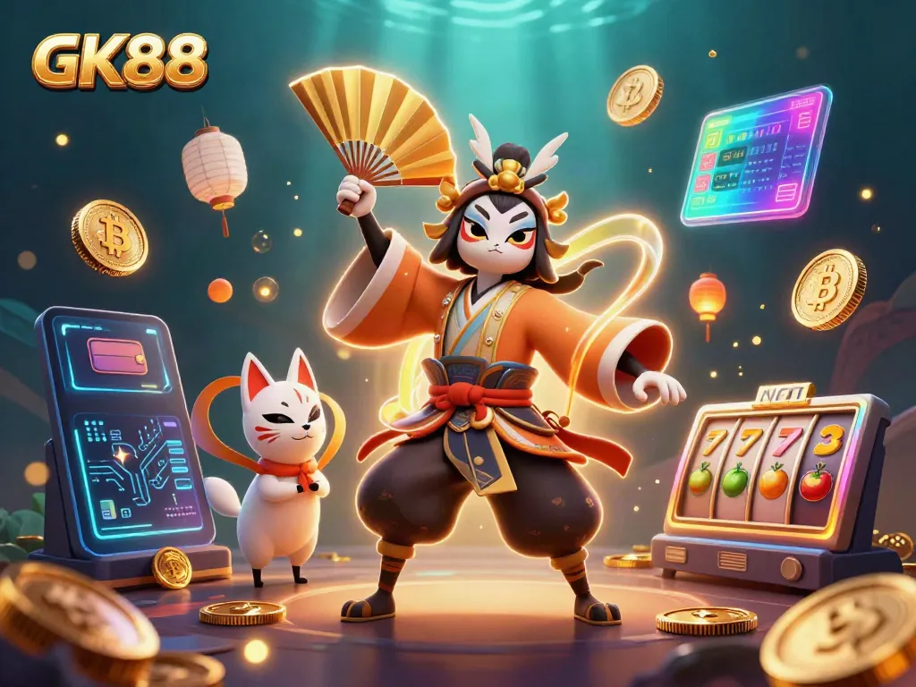 Experience GK88 gaming thrills with captivating 3D casino characters surrounded by dazzling crypto elements.