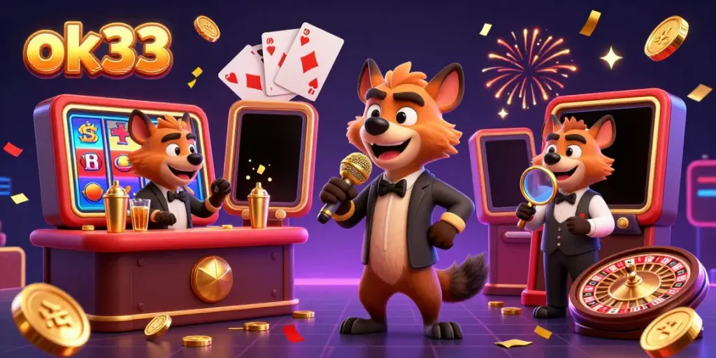 Experience thrilling games at ok33, where hyenas bring a lively casino atmosphere with laughter and drinks.