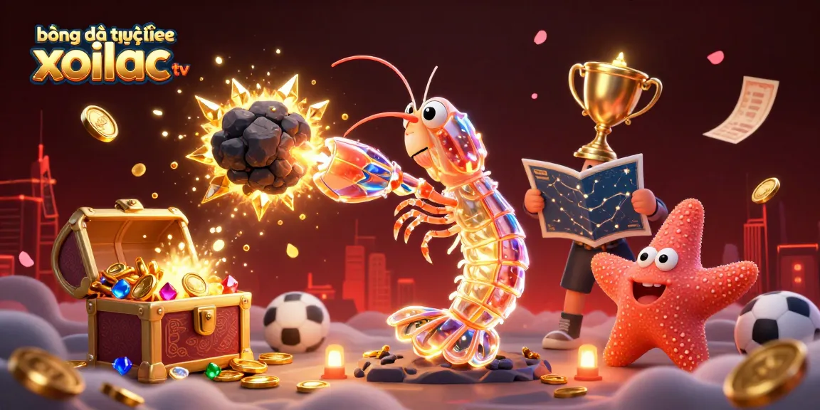 Bóng đá trực tuyến xoilac tv showcases a galactic samurai shrimp surrounded by vibrant sports elements and treasure