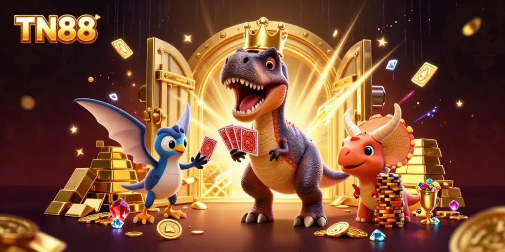 Engaging scene with the TN88 T-Rex character playing cards surrounded by casino elements and treasure.