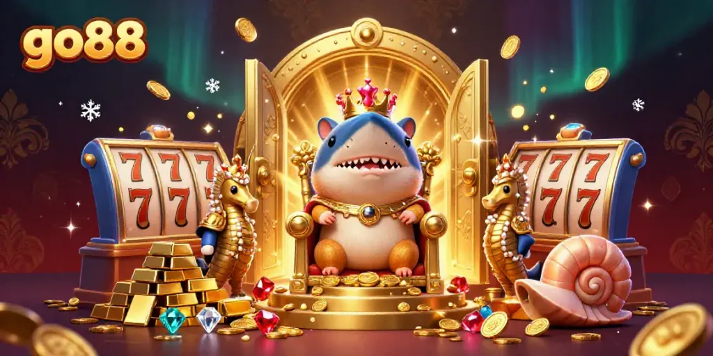 Experience the excitement of go88 with a golden hamster king ruling a 3D casino filled with jewels and treasures.
