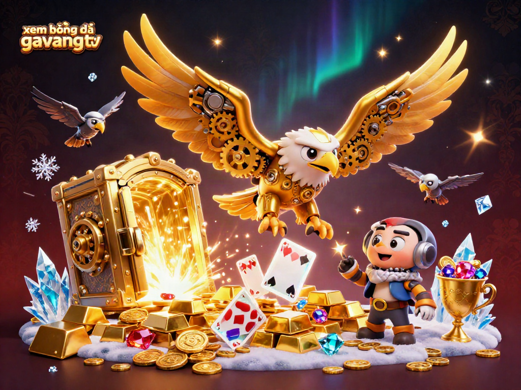 xem bóng đá gavangtv showcases a majestic golden eagle amidst dazzling casino treasures and holographic cards.