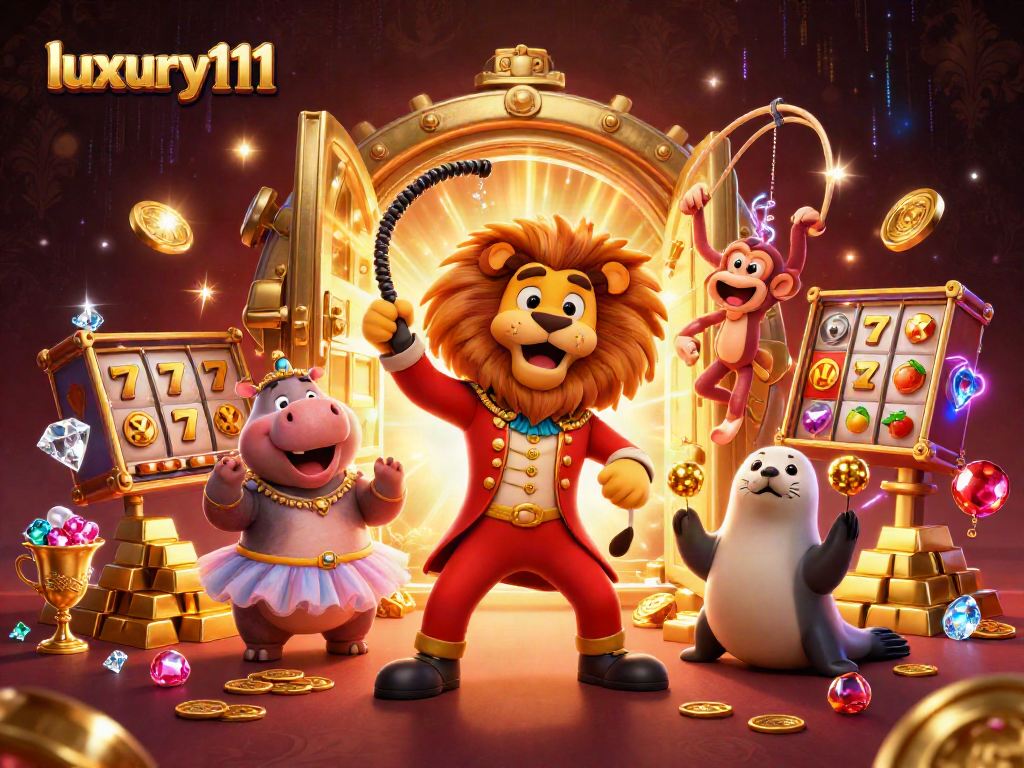 Experience the thrill of luxury111 in a lively casino-themed illustration with generous jackpots and vibrant characters.