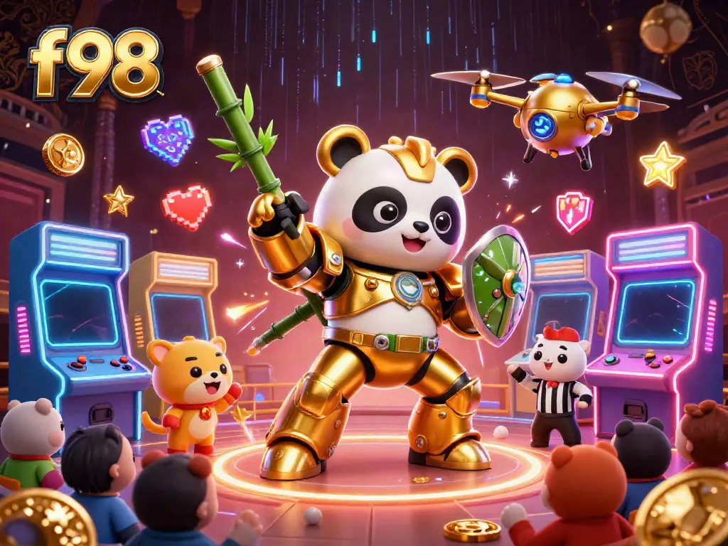 Engage with f98's immersive 3D casino scene, featuring dynamic gaming elements and a golden panda character.