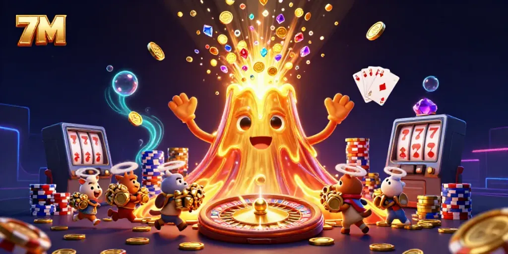 Experience thrilling wins with 7M's vibrant gaming scene featuring a golden volcano erupting treasure.