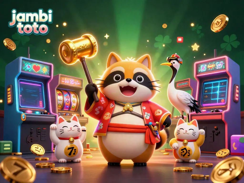 Experience luck with jambi toto featuring a vibrant festival scene filled with fortune cats and gambling elements.