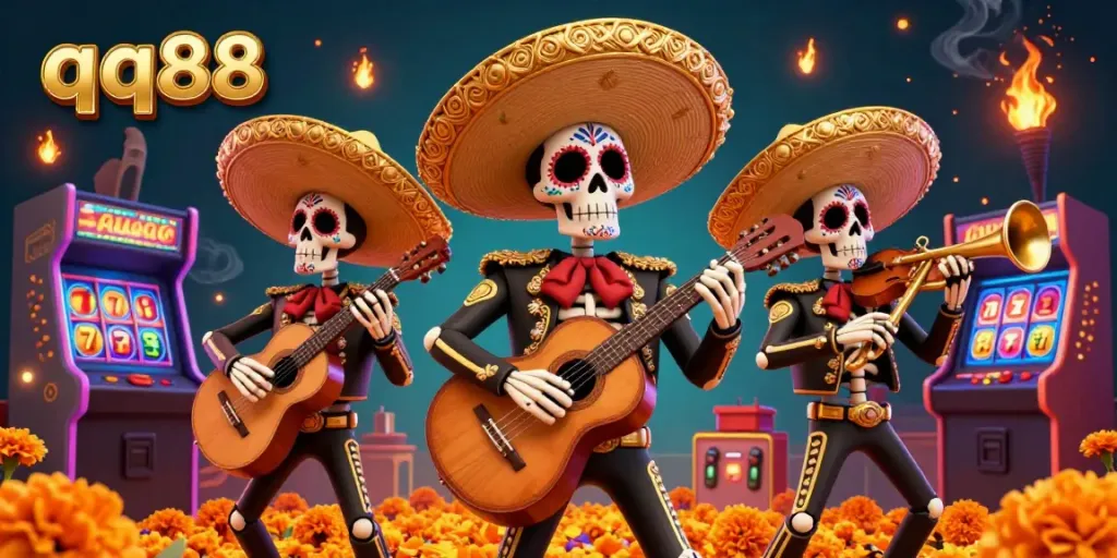 Experience the excitement of qq88 with a 3D mariachi band playing in a vibrant casino atmosphere full of gaming elements.