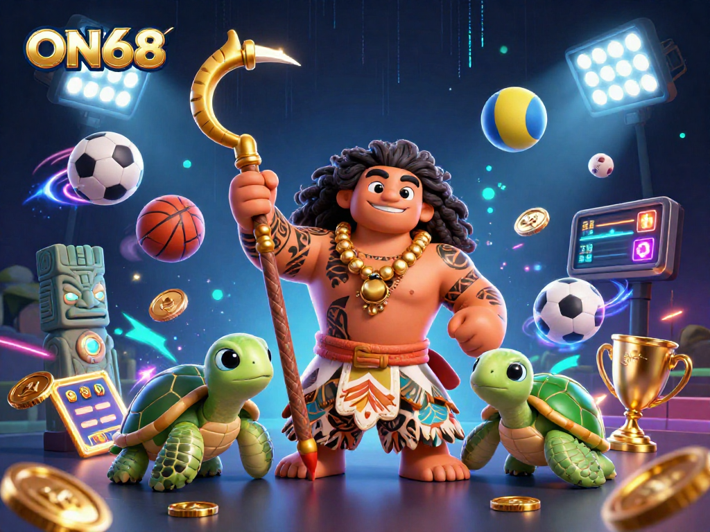 ON68 features an exciting scene with sports elements and a magical character engaging in thrilling gameplay.