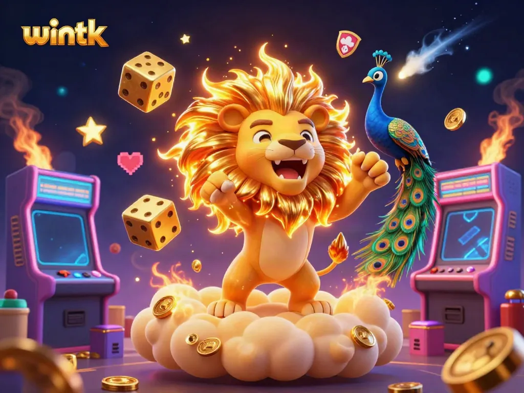 Experience the thrill of gaming with wintk's vibrant 3D casino illustration featuring a roaring lion and golden dice.