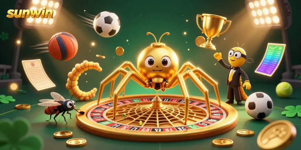 Experience thrilling bets at sunwin with an engaging scene of a spider and croupier at a roulette web