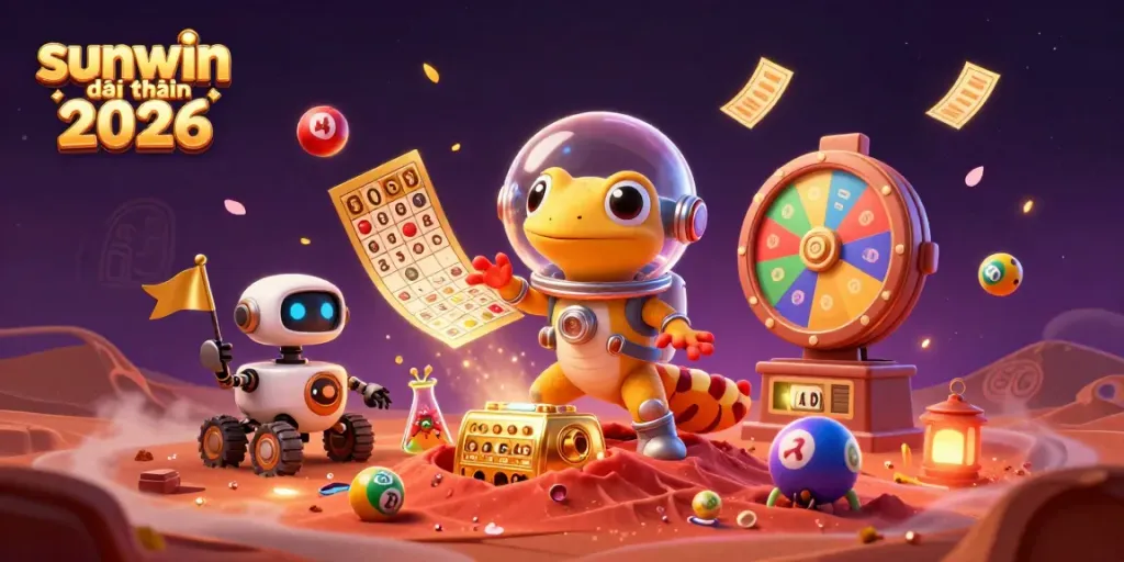 Experience the excitement of sunwin đổi thưởng 2026 with a Martian gecko discovering a golden casino in a vibrant, dynamic scene.