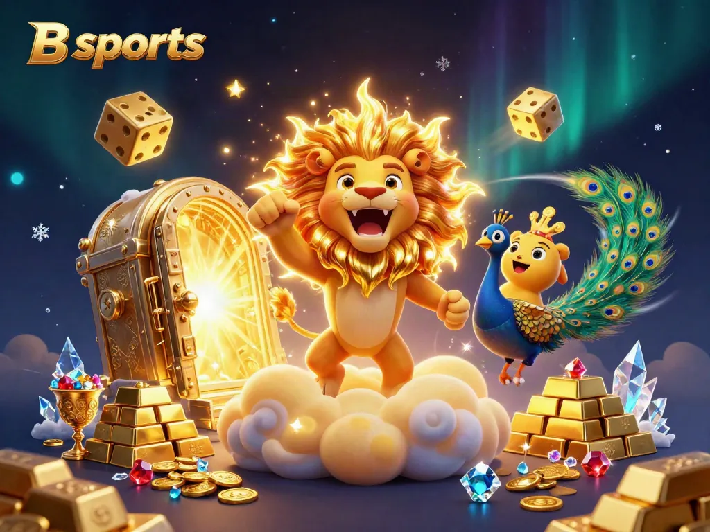 B sports offers exhilarating moments with a roaring sun lion and cosmic golden dice in a dazzling casino scene.