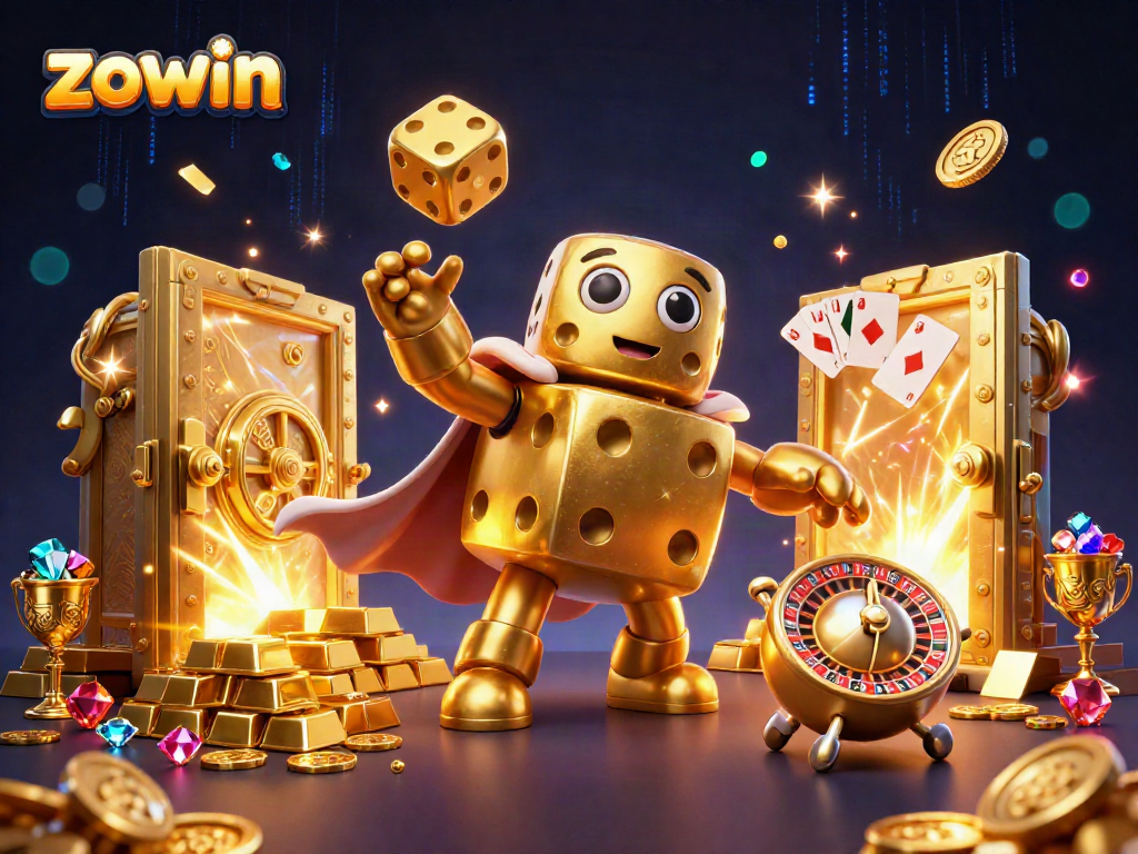 Zowin conveys excitement in a dazzling casino scene with golden dice and treasure elements.