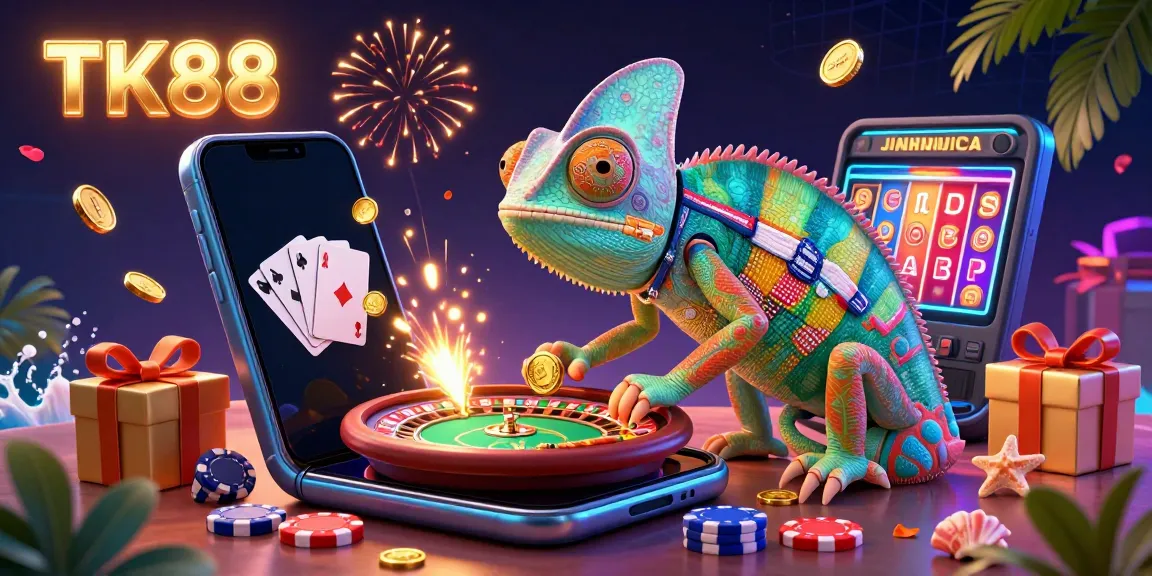 Spin to win at TK88 with a chameleon casino owner amidst vibrant casino elements.