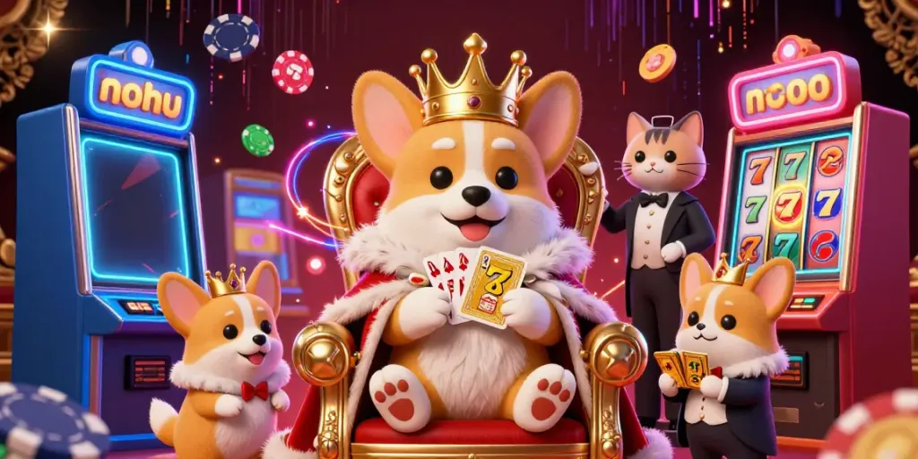 Nohu gaming scene featuring a royal corgi, slot machines, and glamorous casino elements.