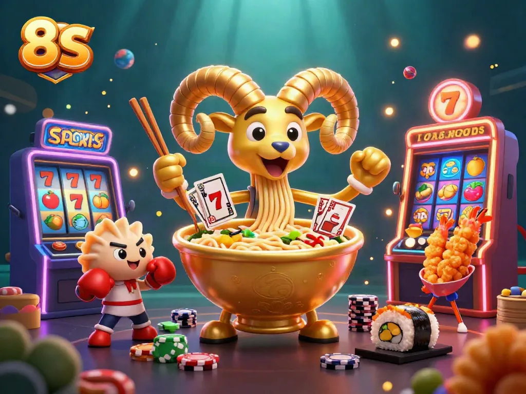 Experience the excitement of 8S casino gaming with a vivid scene featuring characters and slot reels.