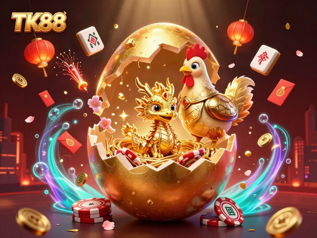 Experience the whimsical TK88 magic with the baby dragon, golden hen, and poker chips in a dazzling scene.