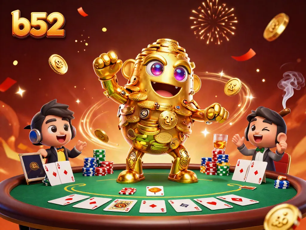 Experience thrills at b52 with a vibrant illustration featuring animated gold golem and poker elements.