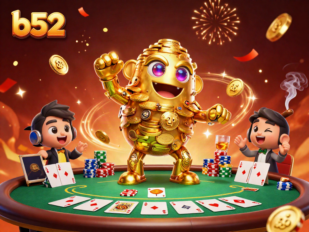 Experience thrills at b52 with a vibrant illustration featuring animated gold golem and poker elements.