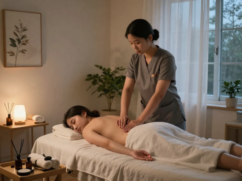 판교출장마사지 in a peaceful home setting with a professional therapist, soft ambient lighting, and calming decor.