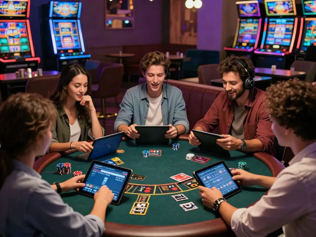 Friends enjoying games at online credit card casinos in a modern lounge setting.