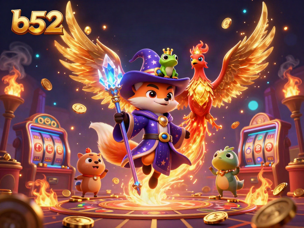 Experience thrilling b52 gaming action with a wizard fox, phoenix, and vibrant casino elements.