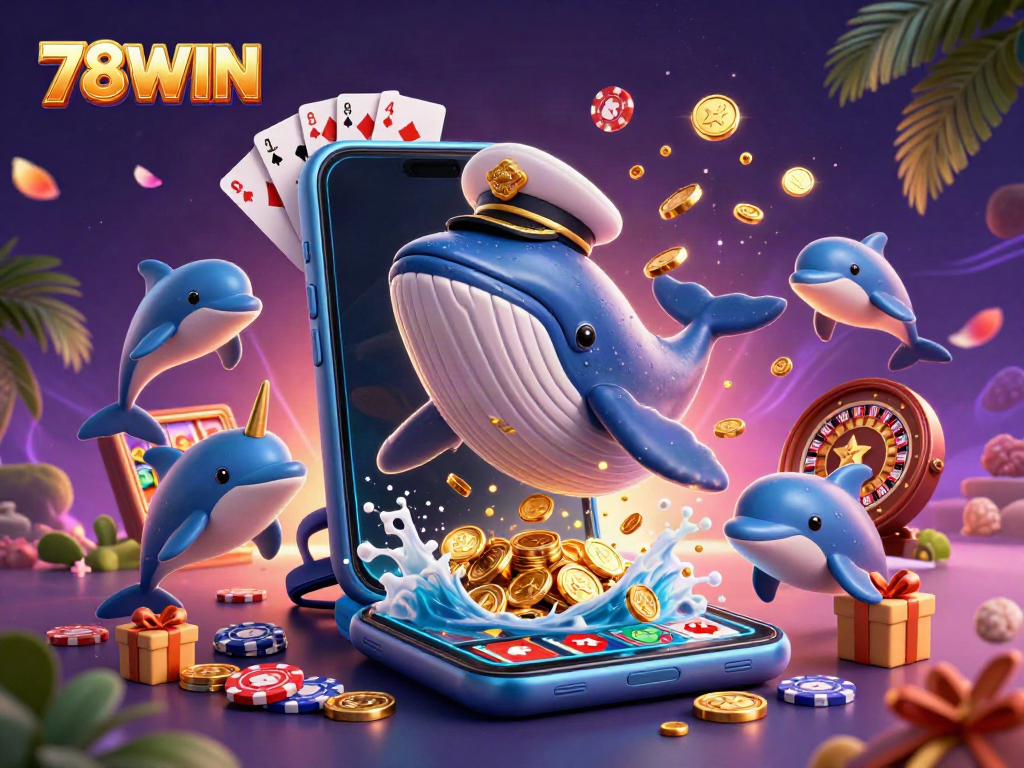 Experience the excitement of 78WIN with a vibrant scene of a whale, narwhal, and dolphins in a casino-themed setting.