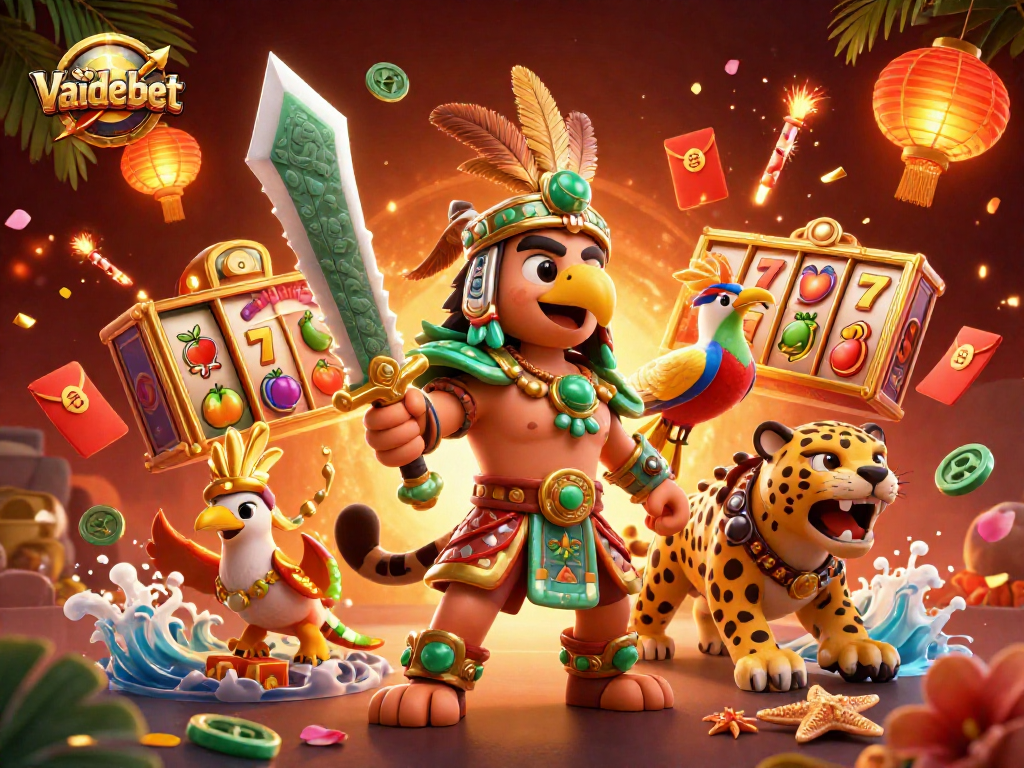 Play slots at Vaidebet with a dynamic Aztec theme featuring golden rewards and vibrant characters.